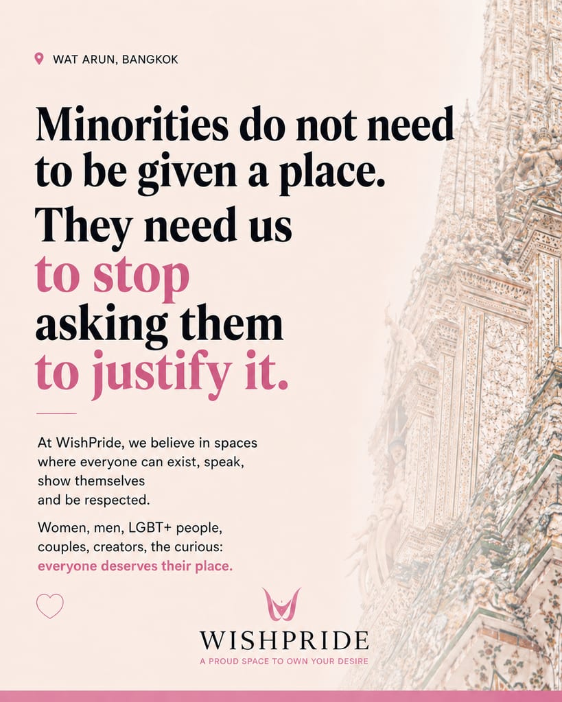 Message de style affiche WishPride avec un grand titre sur l’appartenance et le respect, superposé à un gros plan orné du mur décoré du temple Wat Arun à Bangkok.