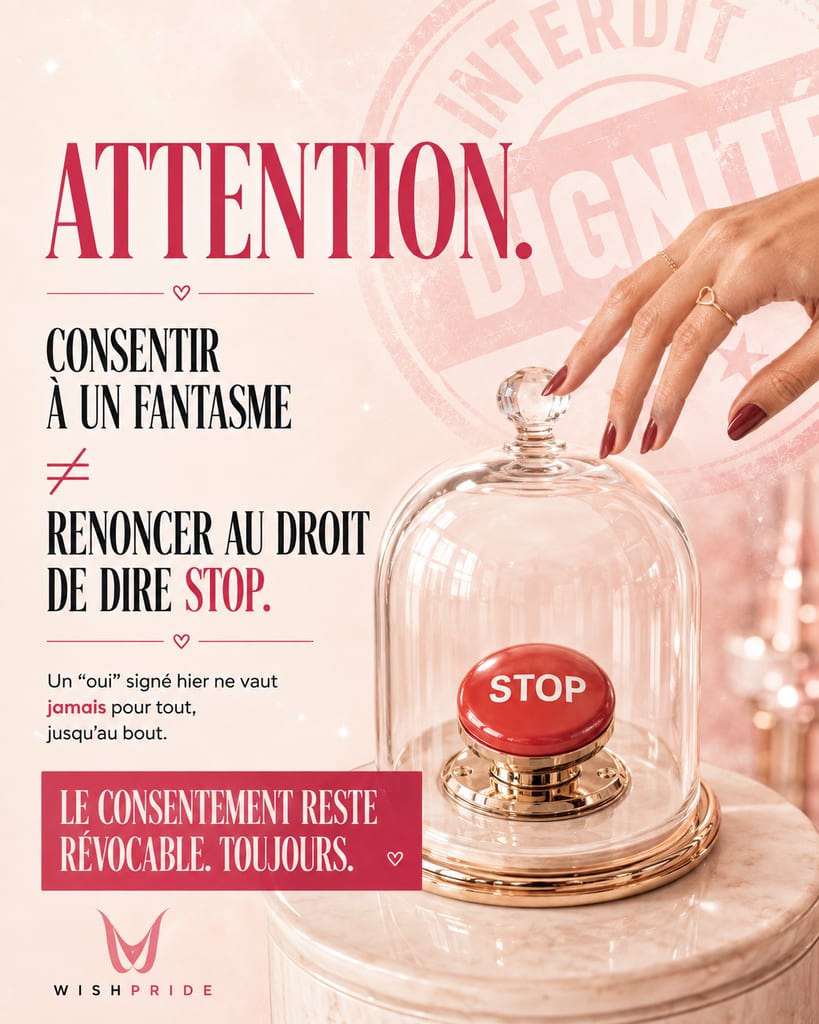 Graphique WishPride sur le consentement avec un dôme en verre et un bouton rouge « STOP », plus un texte sur un consentement qui peut être révoqué à tout moment.