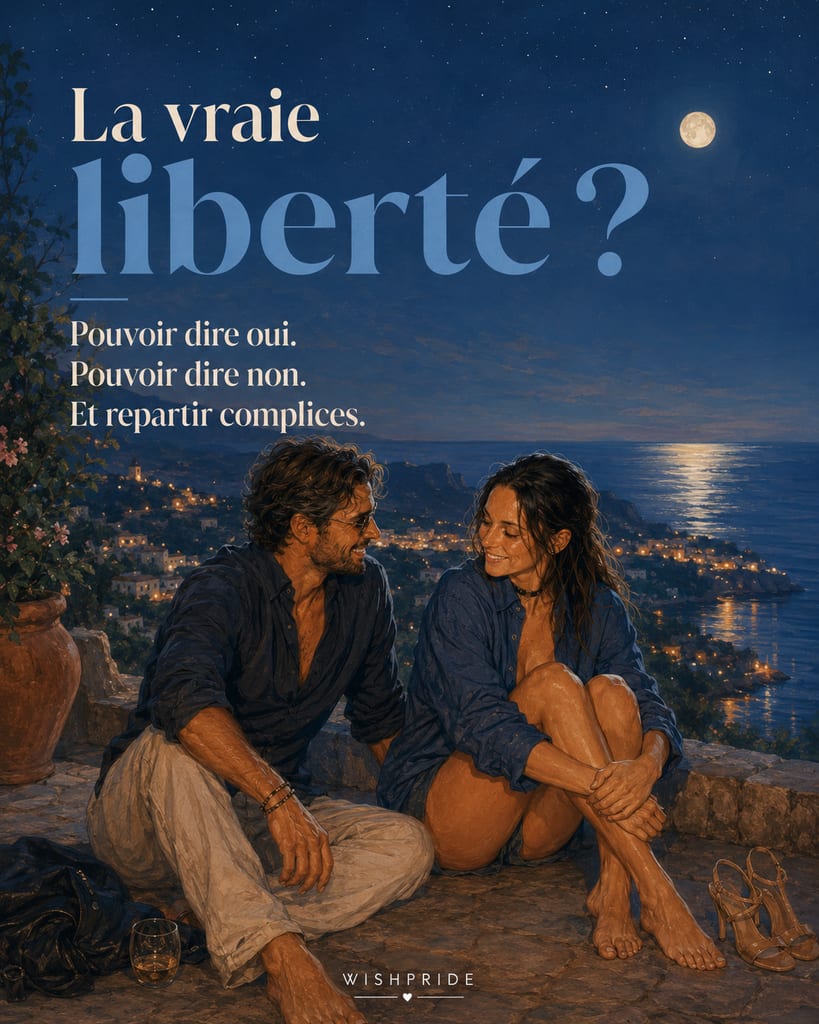 @wishpride scène nocturne au-dessus de la mer avec un ciel étoilé, la lune et la citation « La vraie liberté » pendant qu’un couple est assis au bord de l’eau au crépuscule.