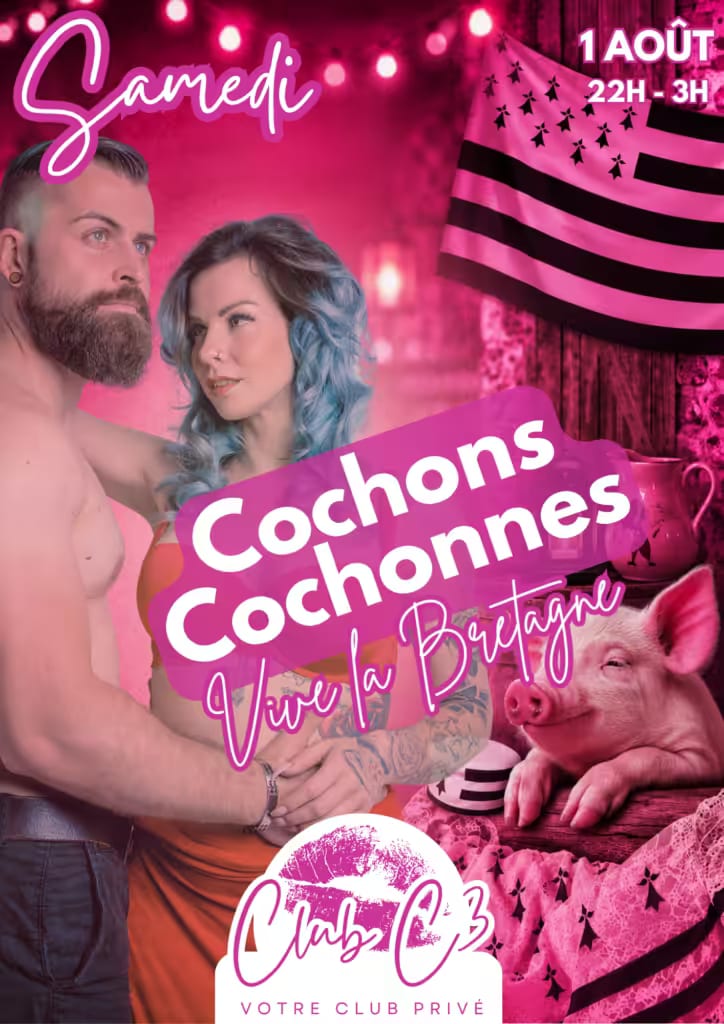 Flyer de evento en rosa y violeta neón para @wishpride con el título de la fiesta Cochons Cochonnes, «¡Viva Bretaña!», y «1 agosto 22h–3h» sobre un fondo con colores de bandera y luces estrelladas.