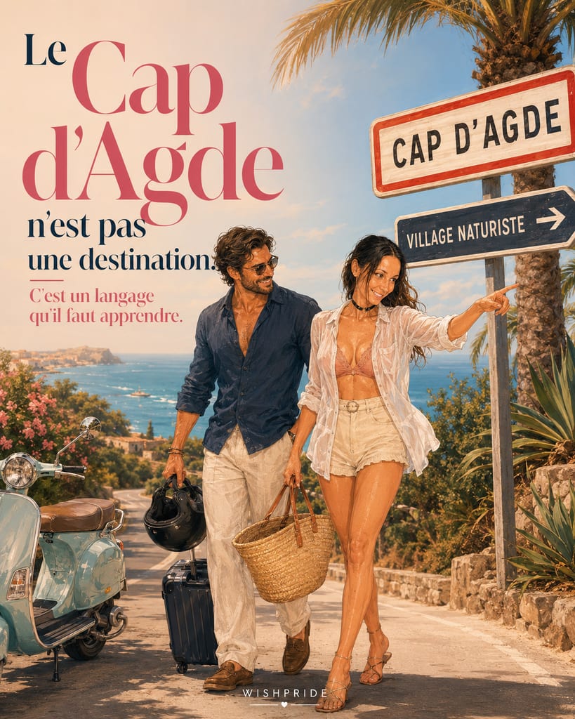 @wishpride cover with the words ‘Le Cap d’Agde…’ beside the ‘Cap d’Agde’ and ‘Naturist village’ signs, showing a couple walking along a sunny seaside road.