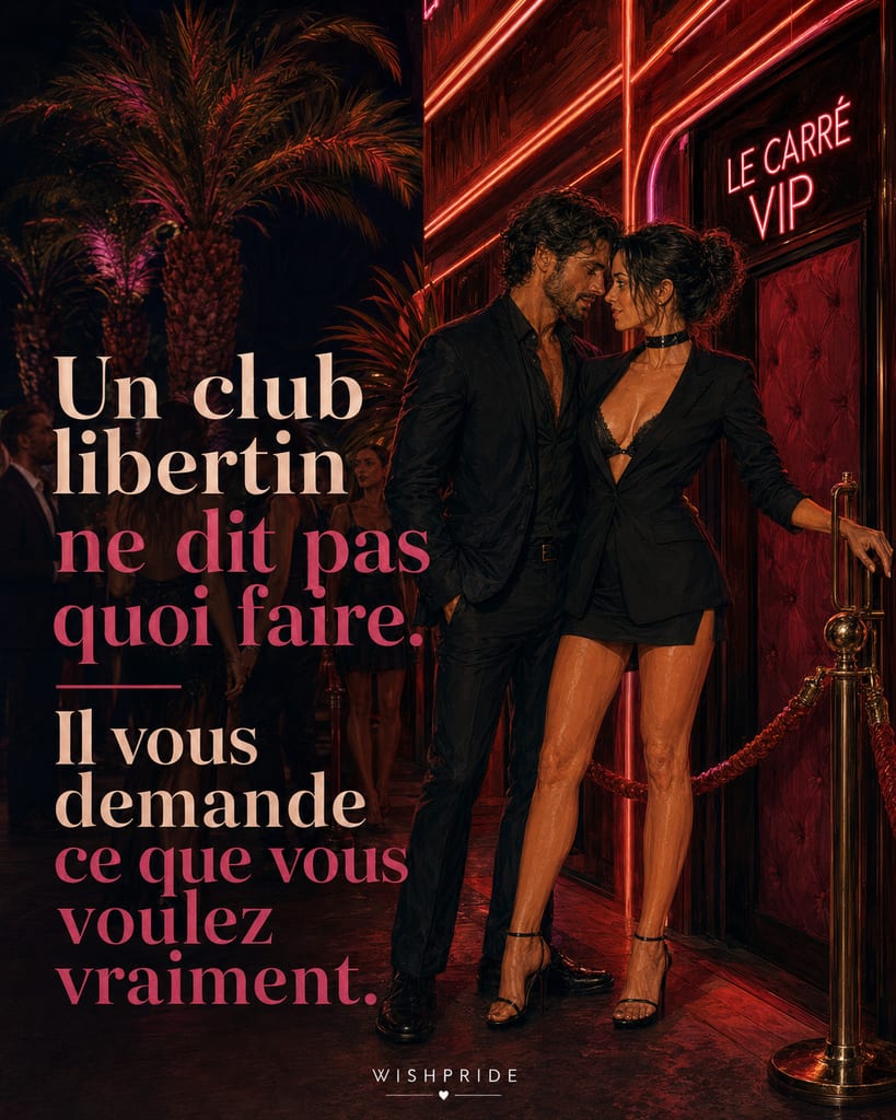@wishpride gráfico en la entrada de un club VIP iluminado con neón, con luz roja y el mensaje de que un club libertino te pregunta qué es lo que realmente quieres.