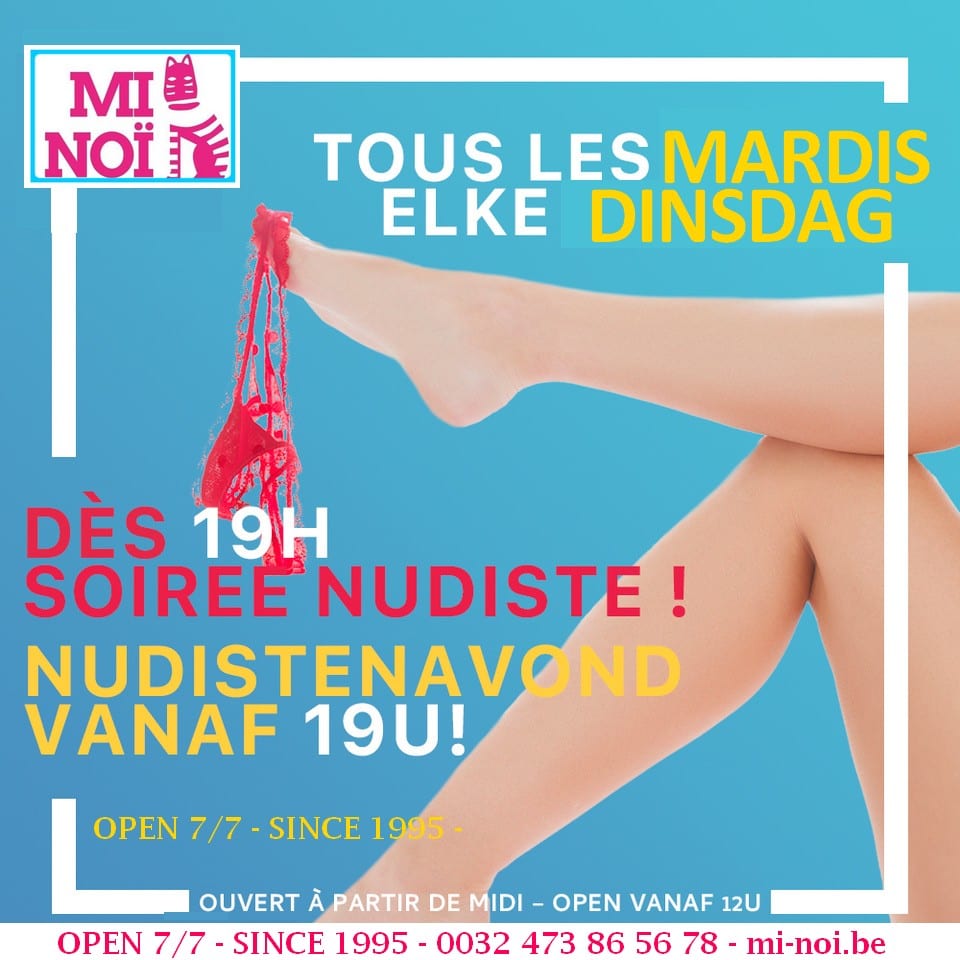 Mi-Noï blue promotional banner for “Nudist Evening!” starting at 19:00, with colorful text, Mi-Noï branding, and open 7/7 since 1995 info.