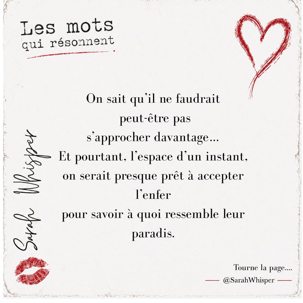 Carte de citation typographique crème par @sarahwhisper avec un contour de cœur rouge et une icône de baiser, avec un texte sur le fait de s’approcher de la tentation et de comparer l’enfer au paradis.