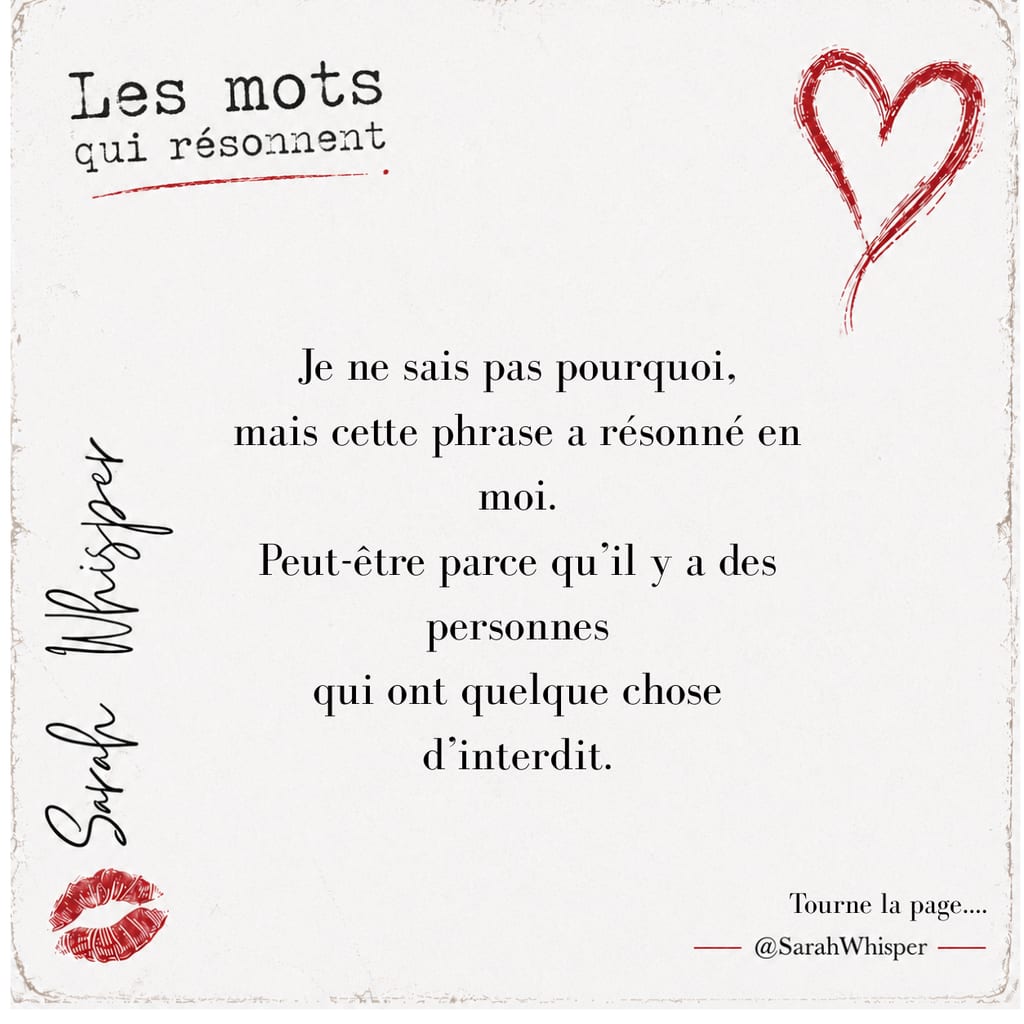 Carte de citation typographique crème par @sarahwhisper avec un contour de cœur rouge et une icône de baiser, avec une citation sur le fait de ne pas savoir pourquoi une phrase résonne.