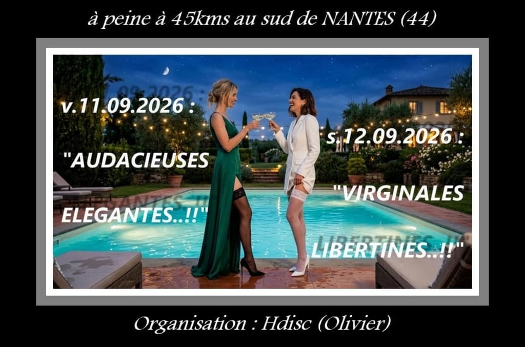 Night garden poolside event poster for @HDISC showing two guests in evening dresses, with dates and labels for “Bold and Elegant” and “Libertines,” plus “Organization: HdisC (Olivier).”